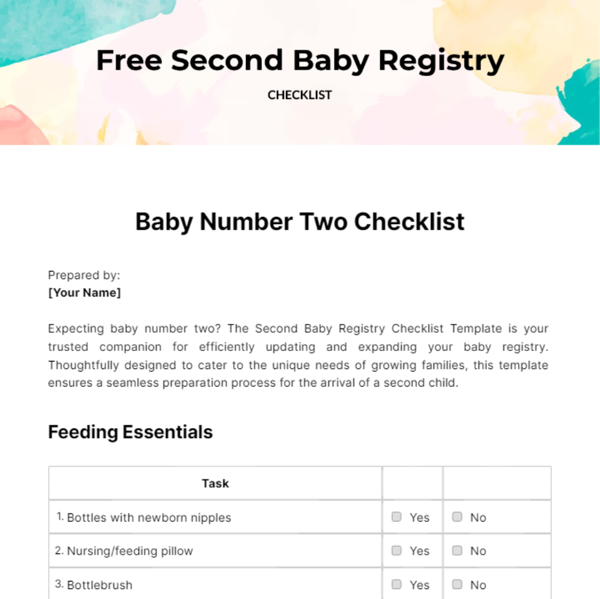 Second Baby Registry Checklist Template