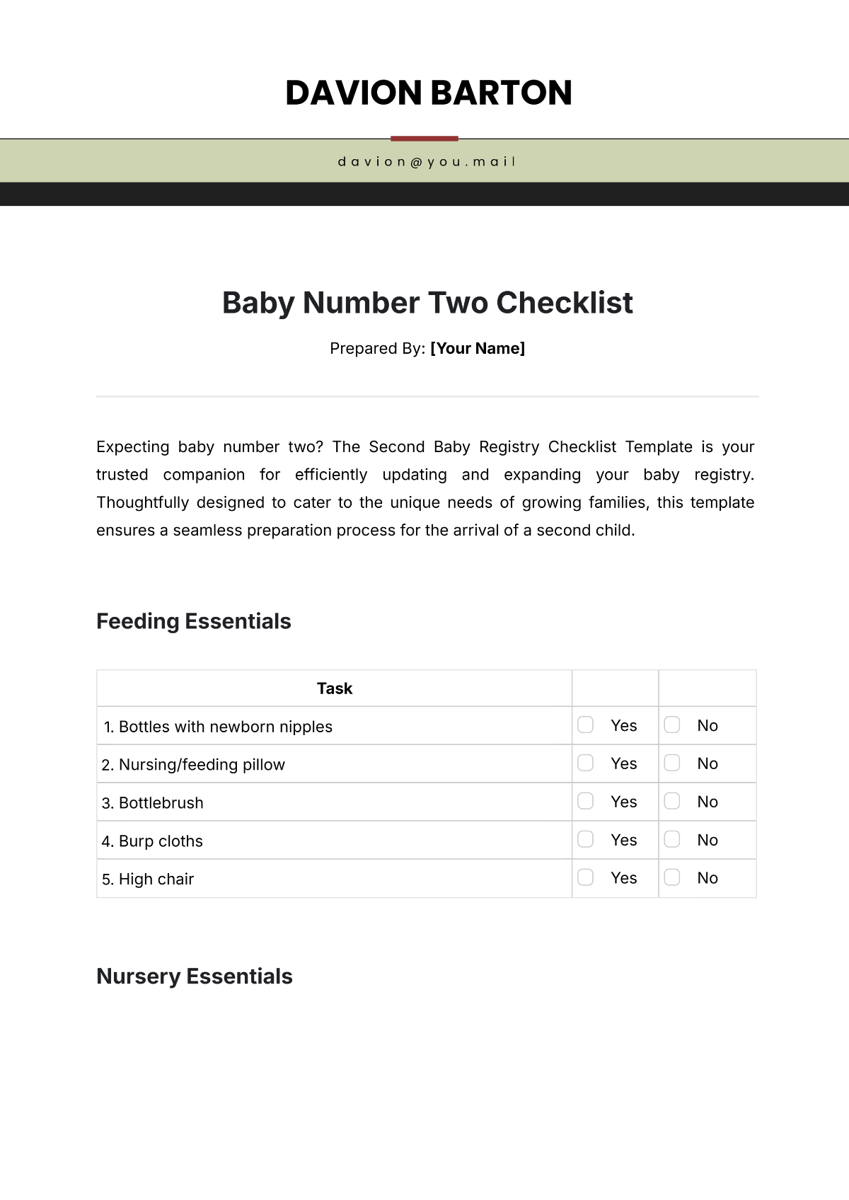 Free Second Baby Registry Checklist Template