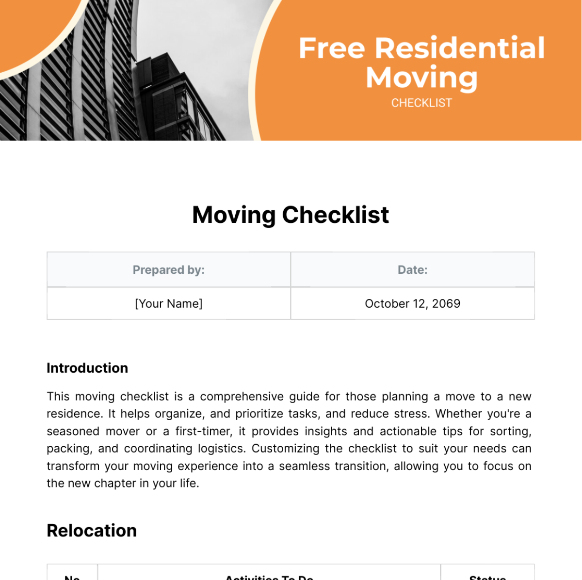 Residential Moving Checklist Template