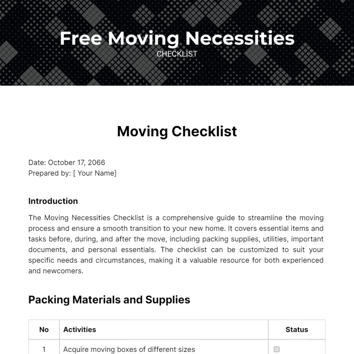 Moving Necessities Checklist Template
