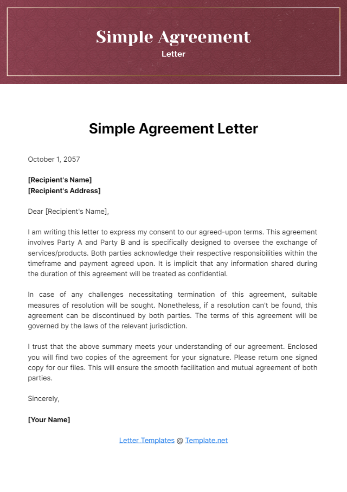 Free Simple Agreement Letter Template