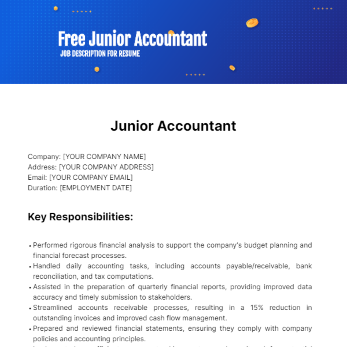 Free Junior Accountant Job Description for Resume Template