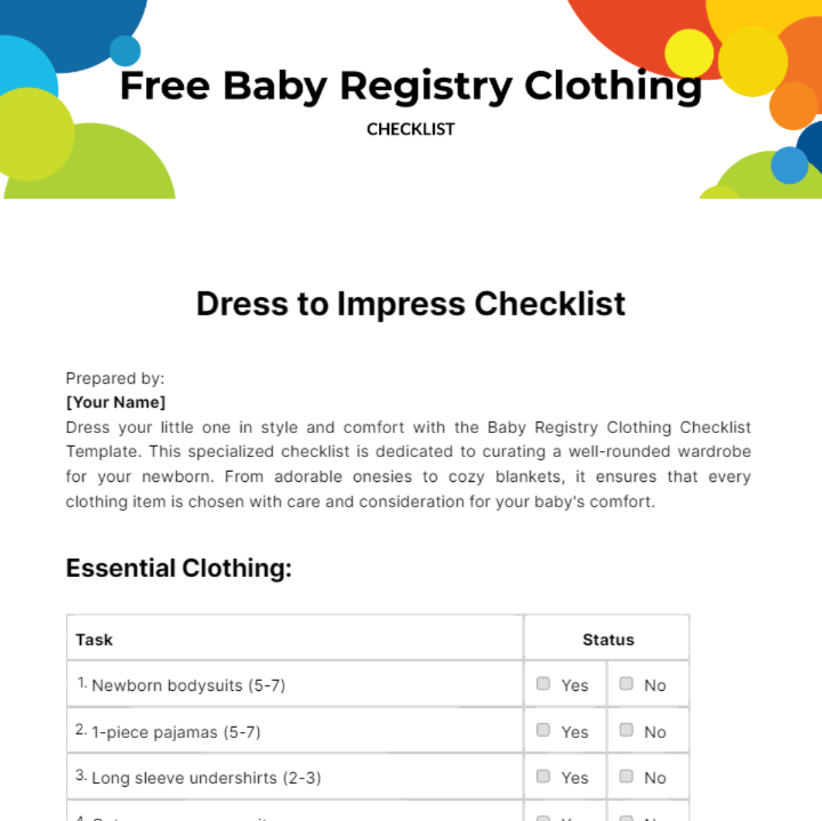 Free Baby Registry Clothing Checklist Template