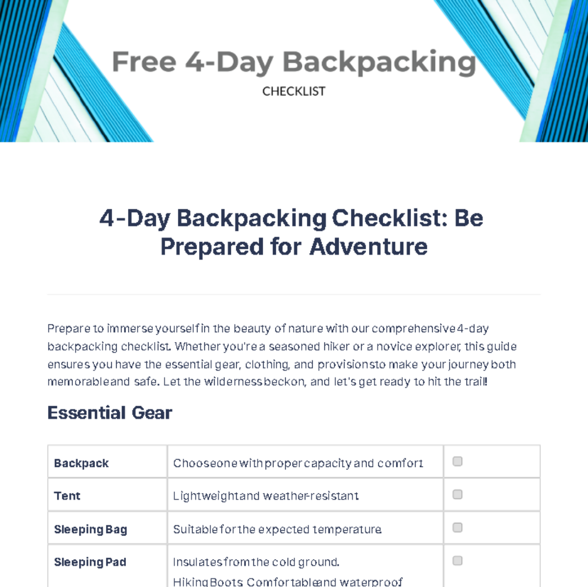 Free 4 Day Backpacking Checklist Template