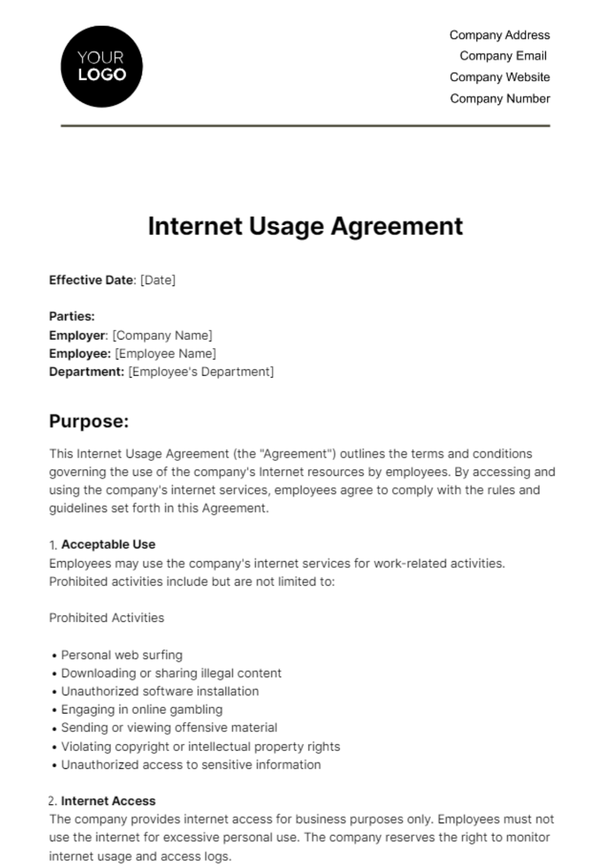Internet Usage Agreement HR Template