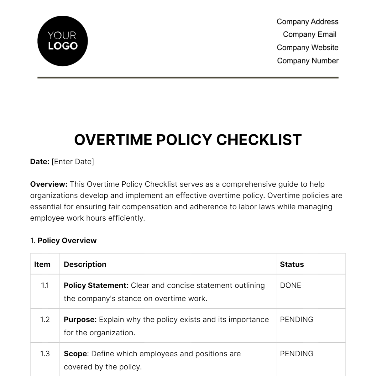 Overtime Policy Checklist HR Template