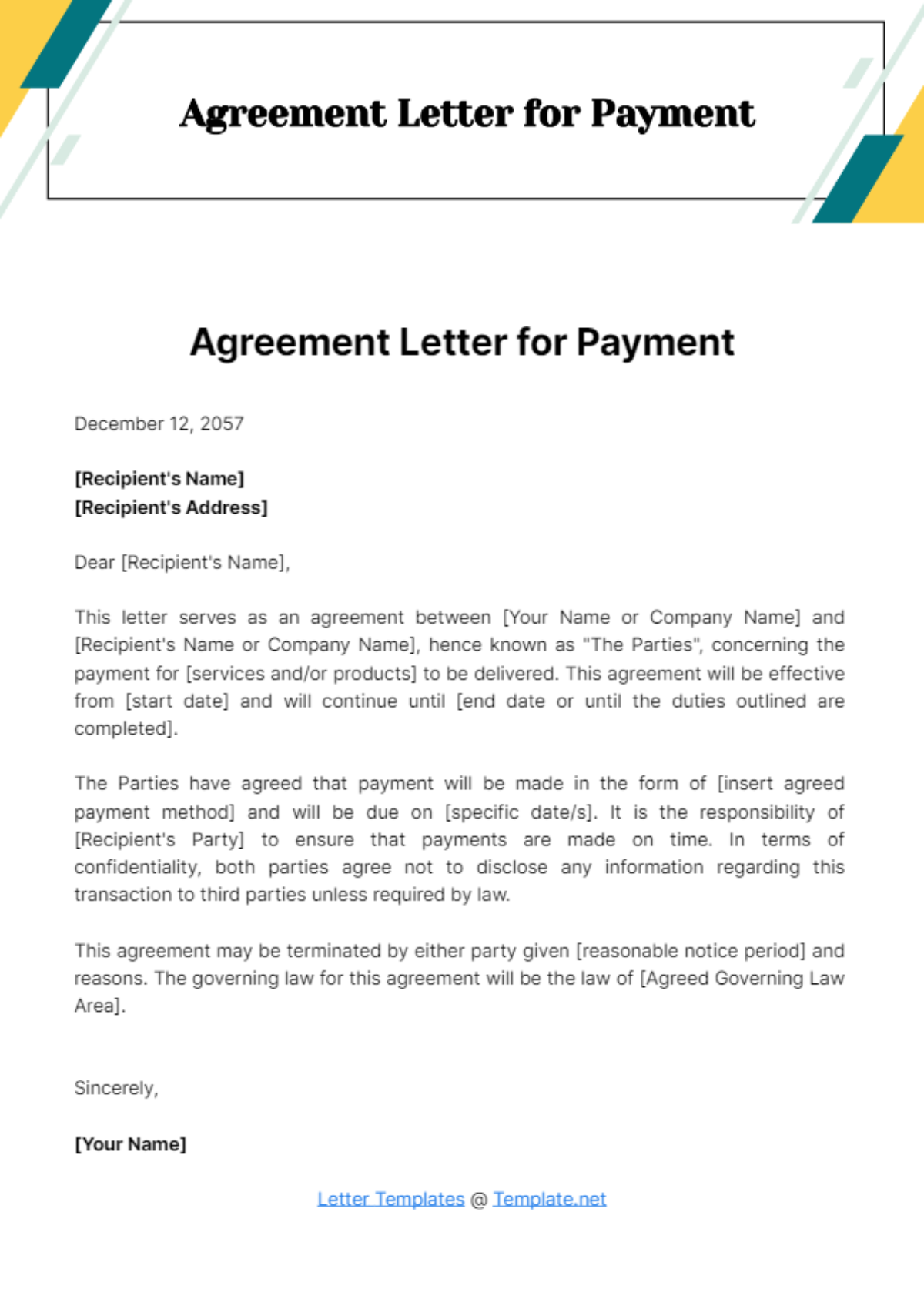 Free Agreement Letter for Payment Template