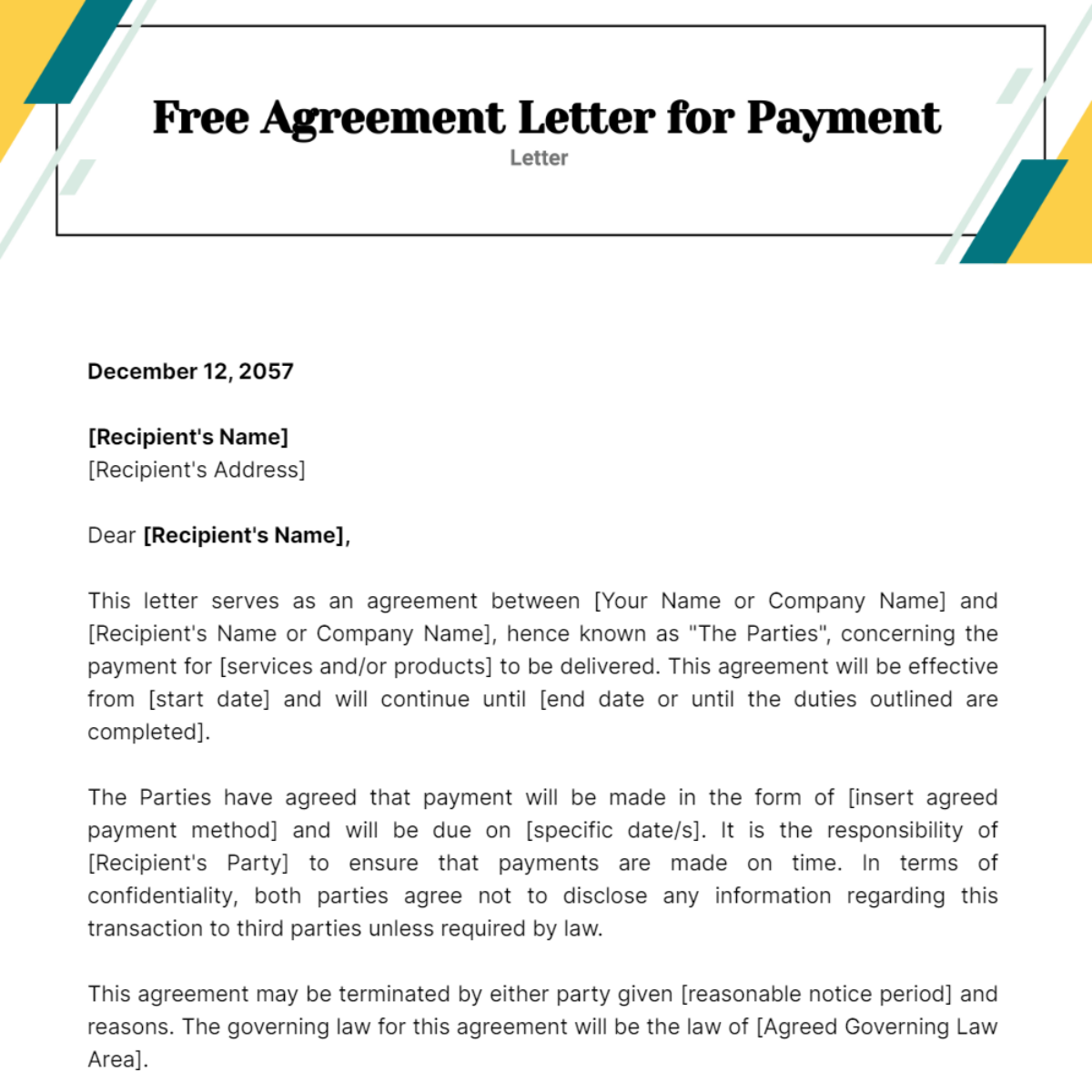 Agreement Letter for Payment Template