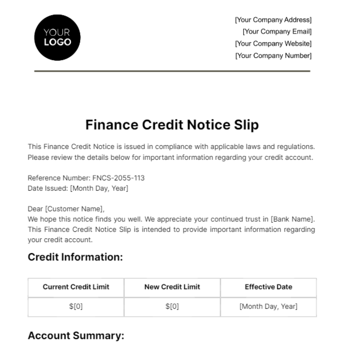 Finance Credit Notice Slip Template - Edit Online & Download