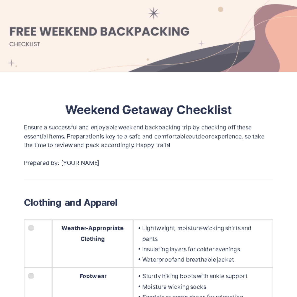 Free Weekend Backpacking Checklist Template