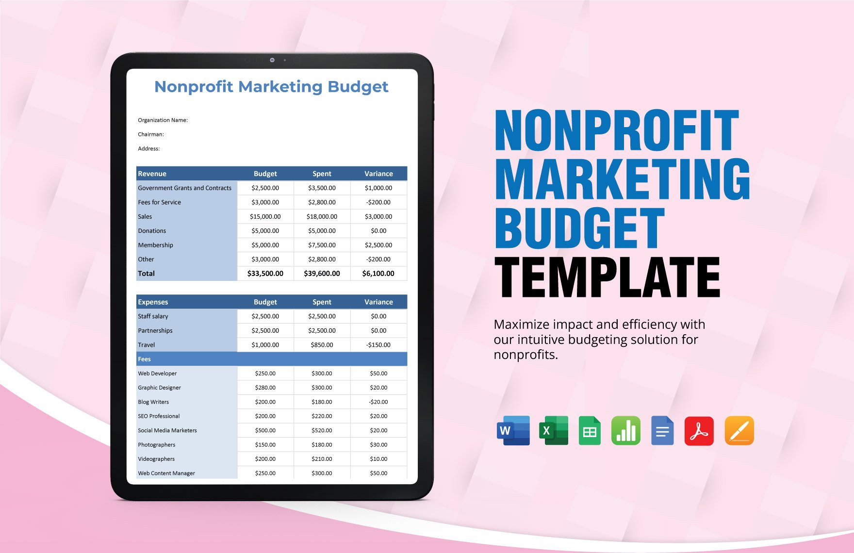 Non-profit Marketing Budget Template in Word, Google Docs, Excel, PDF, Google Sheets, Apple Pages, Apple Numbers