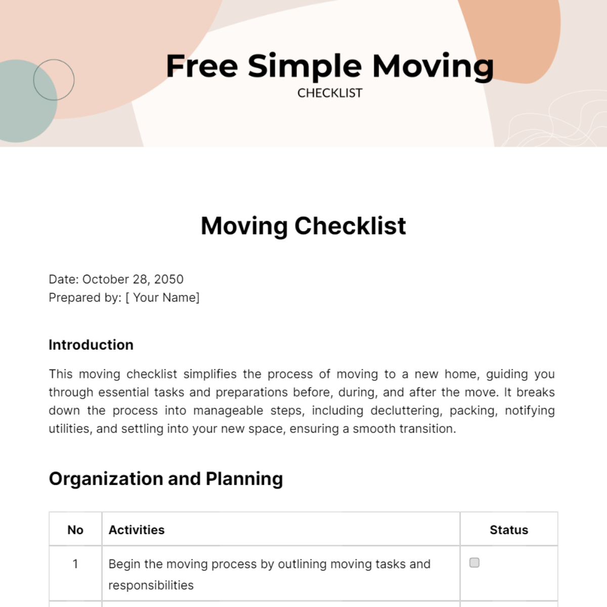 Simple Moving Checklist Template