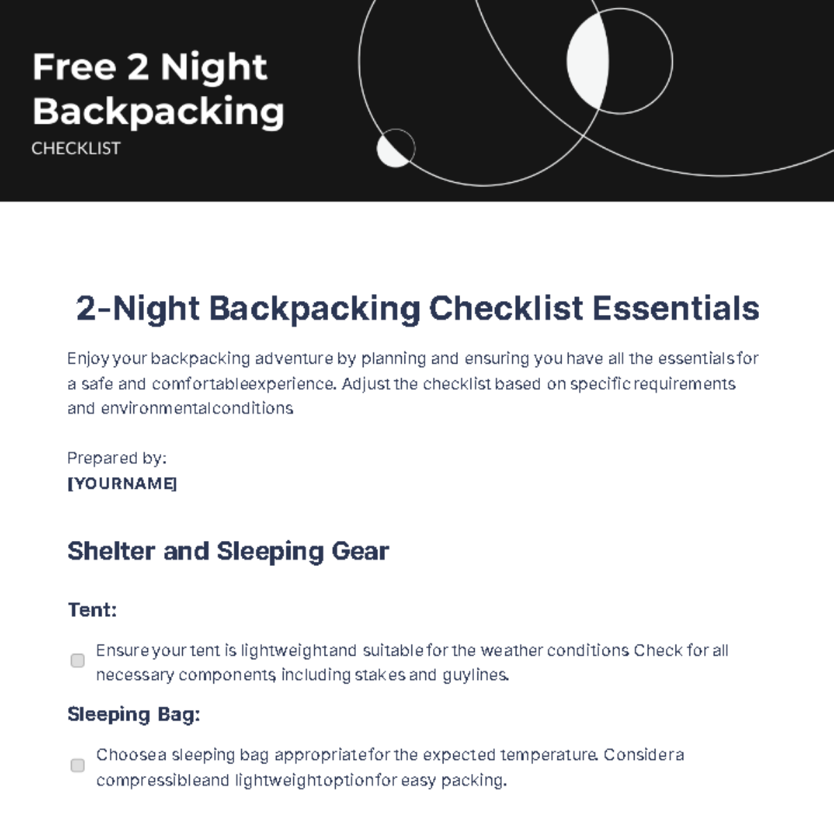 2 Night Backpacking Checklist Template