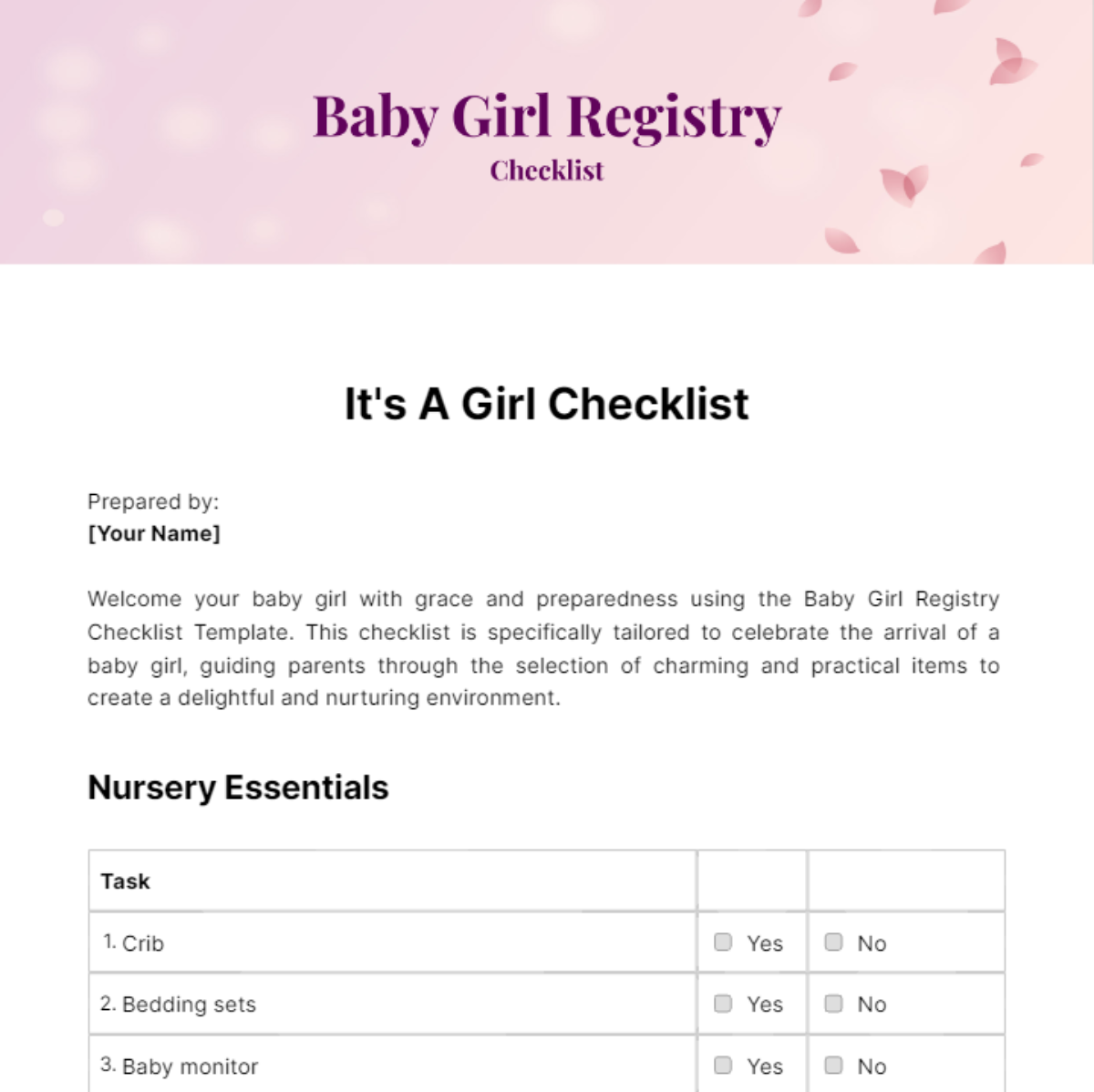 Baby Girl Registry Checklist Template