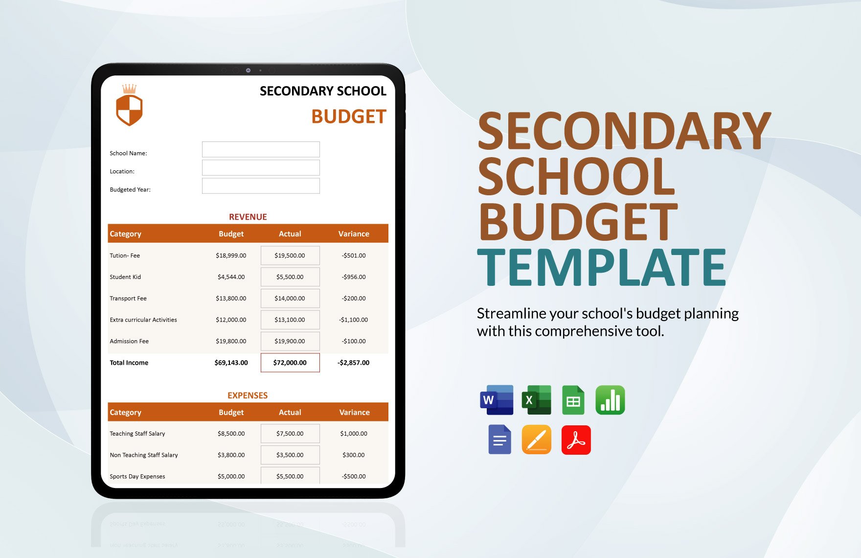 Secondary School Budget Template in Word, Google Docs, Excel, PDF, Google Sheets, Apple Pages, Apple Numbers