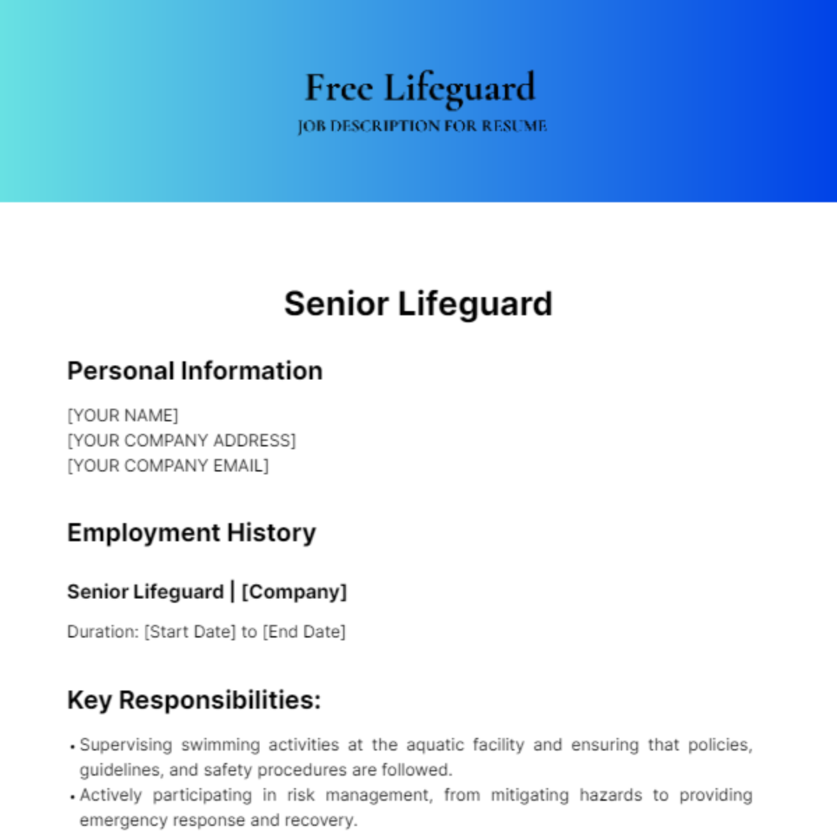 Lifeguard Job Description for Resume Template