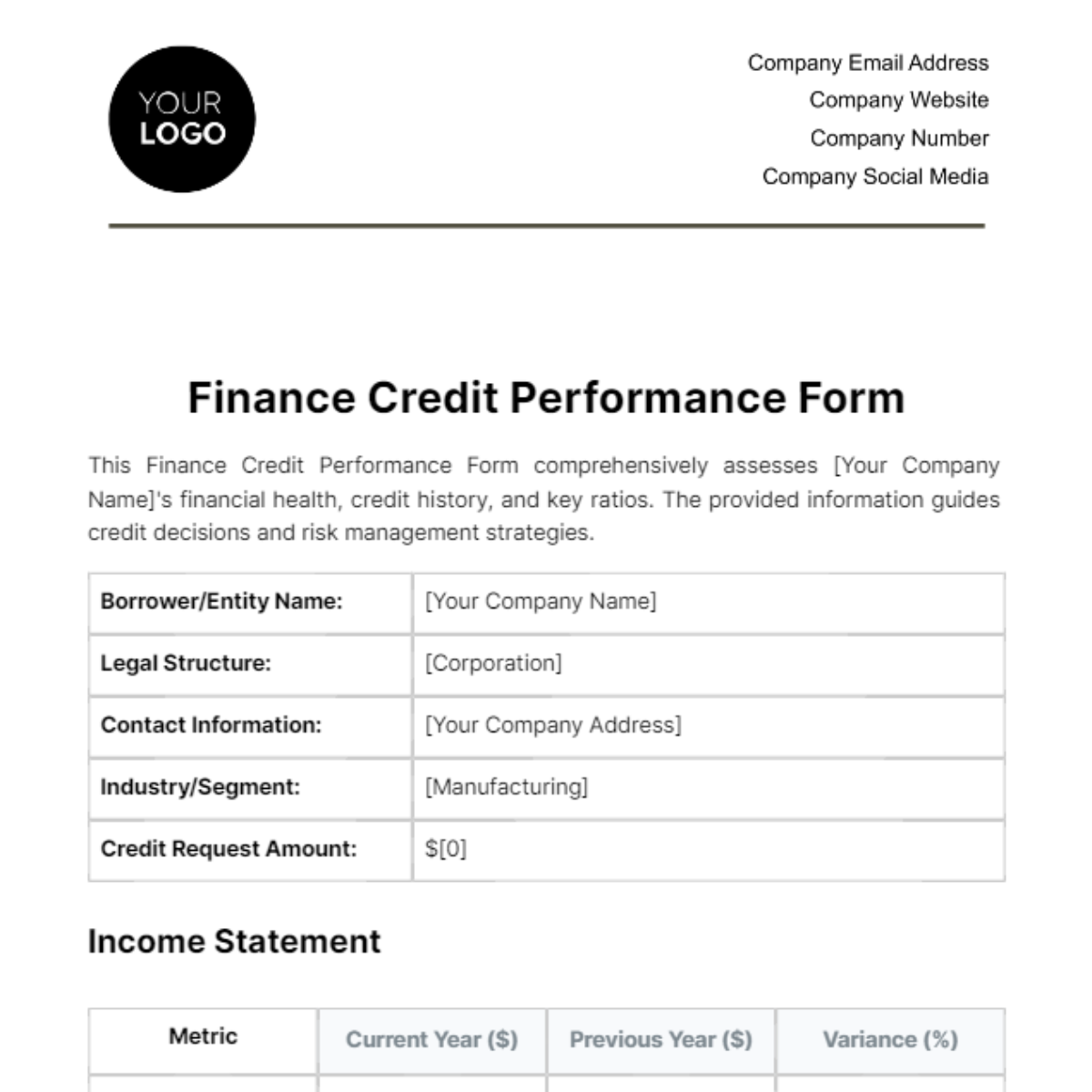 Finance Credit Performance Form Template