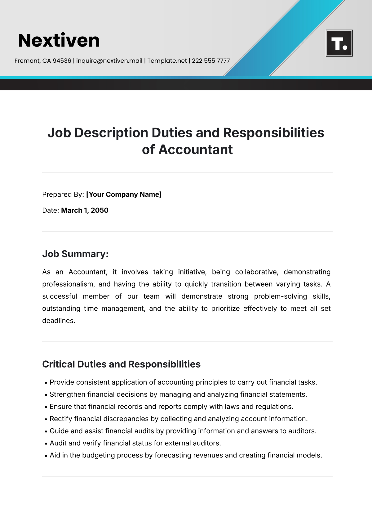 Job Description Duties and Responsibilities of Accountant Template - Edit Online & Download