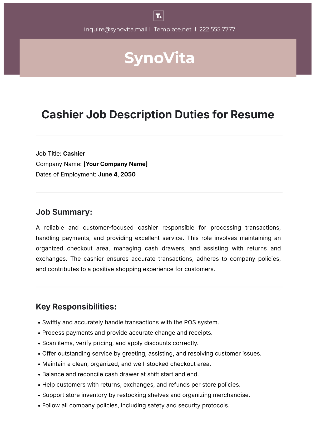 Cashier Job Description Duties for Resume Template - Edit Online & Download