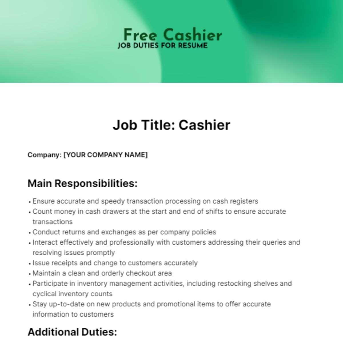 Free Cashier Job Duties for Resume Template