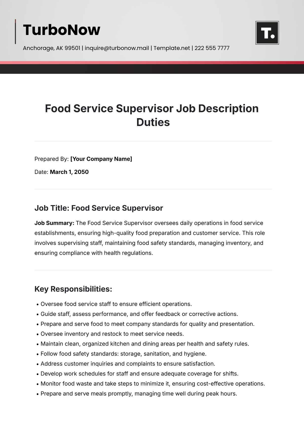 Food Service Supervisor Job Description Duties Template - Edit Online & Download