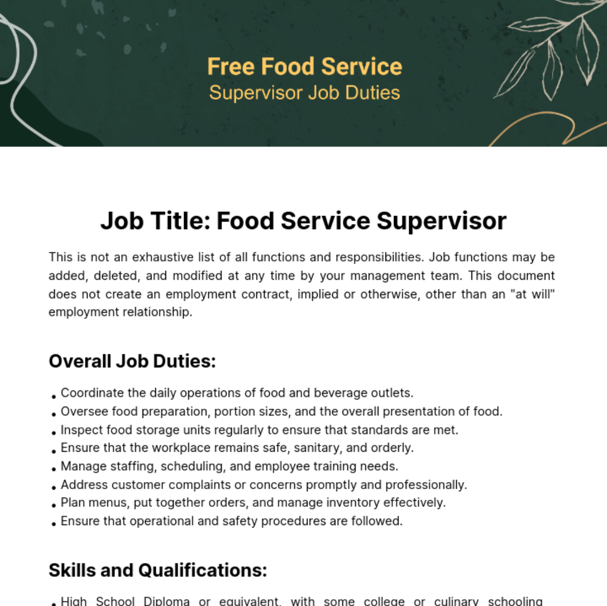 Food Service Supervisor Job Duties Template