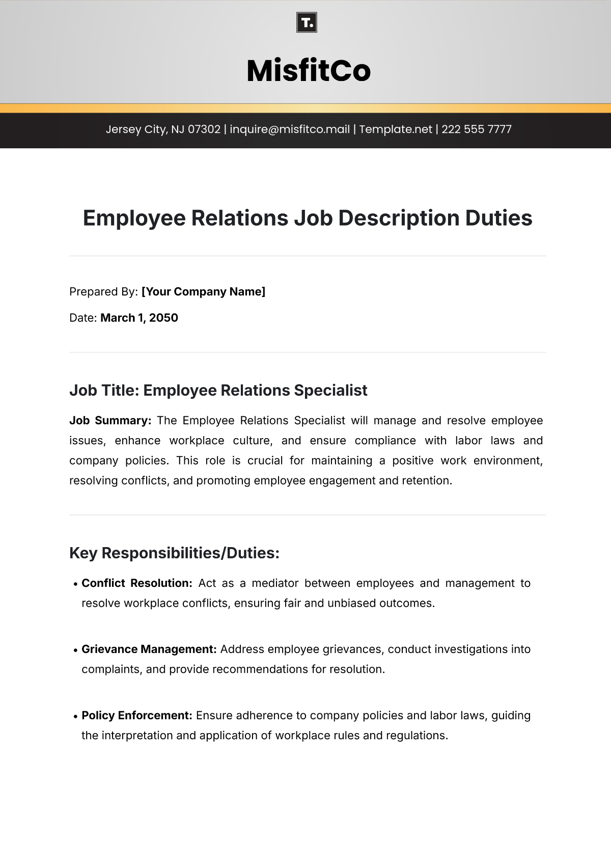 Employee Relations Job Description Duties Template - Edit Online & Download