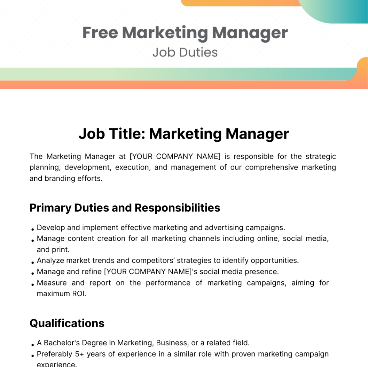 Free Marketing Manager Job Duties Template