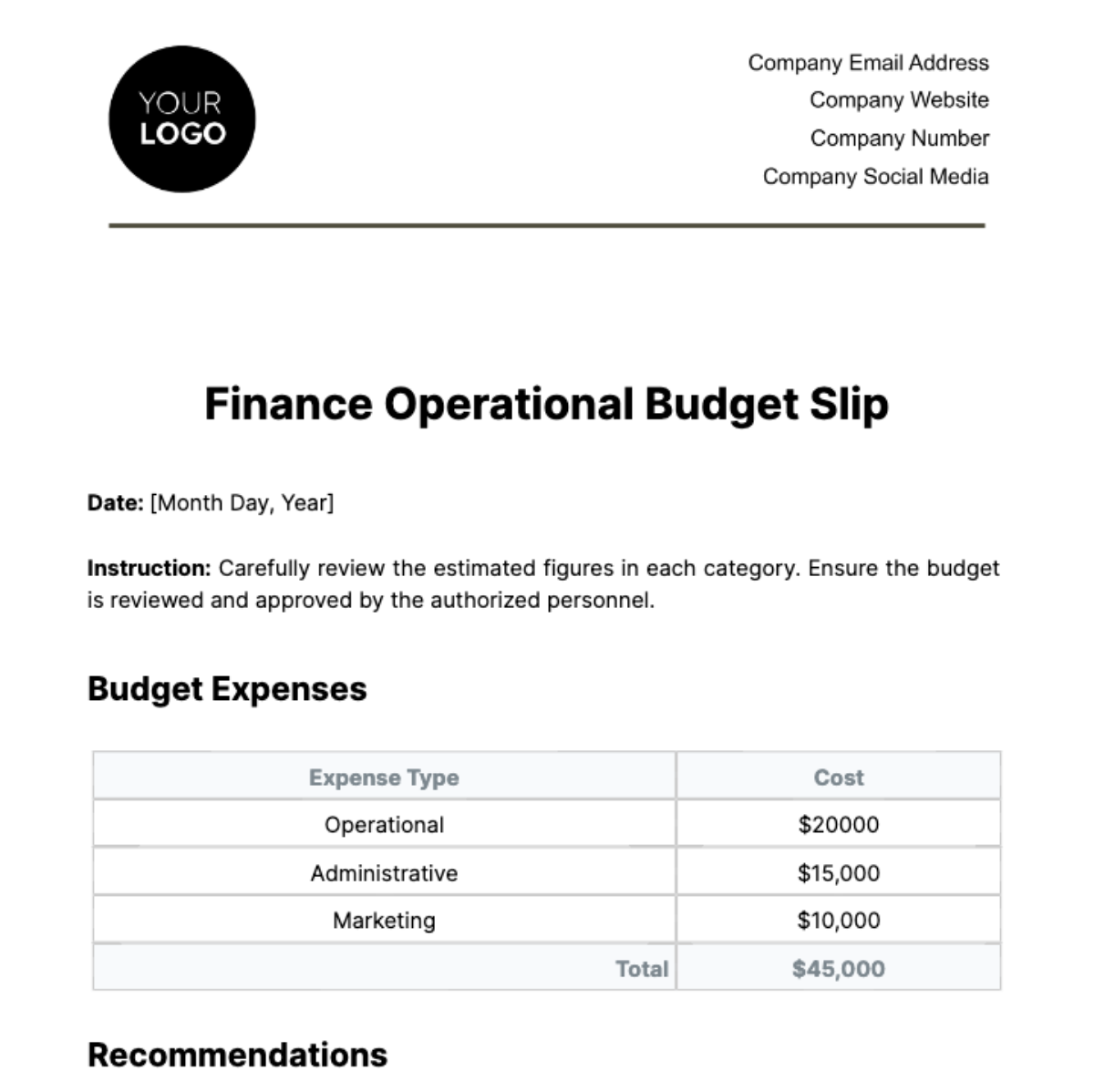 Free Finance Operational Budget Slip Template 