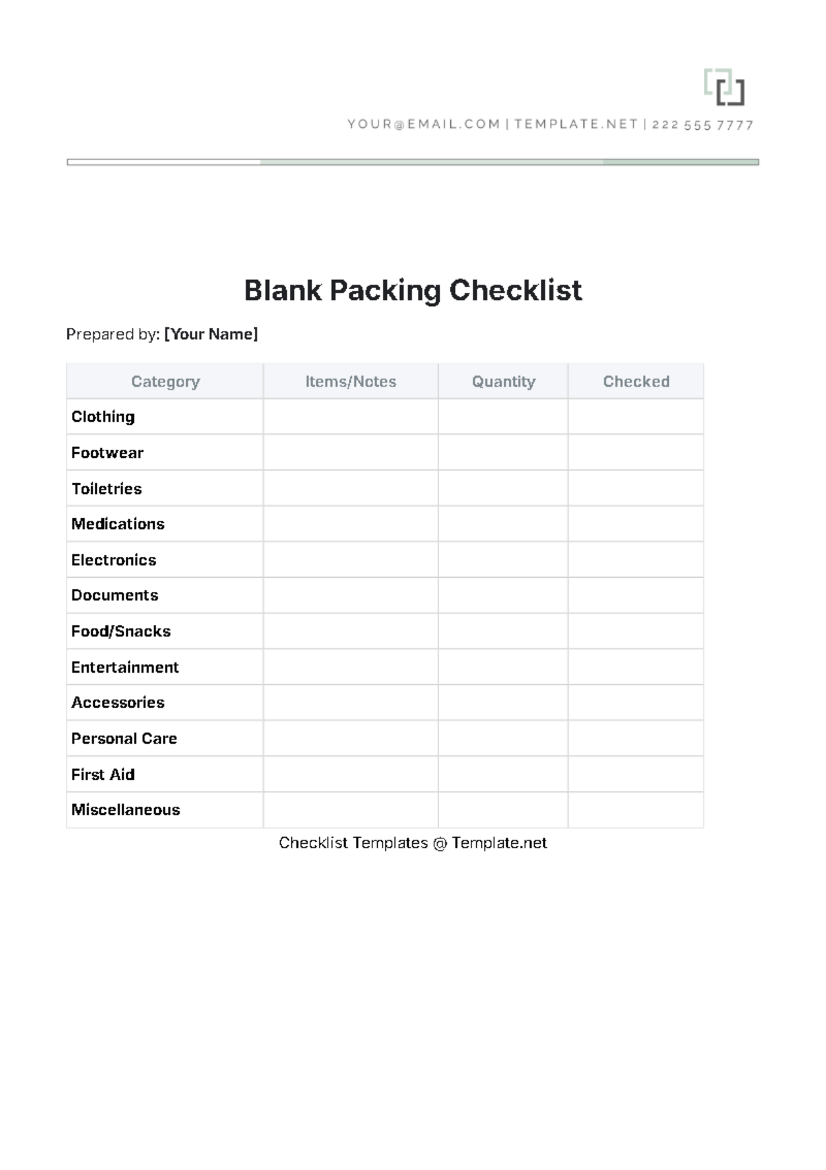 Blank Packing Checklist Template