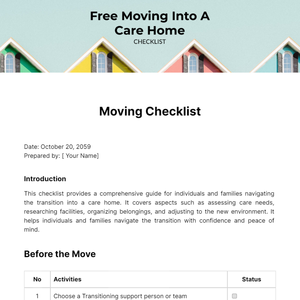 Free Moving Into A Care Home Checklist Template