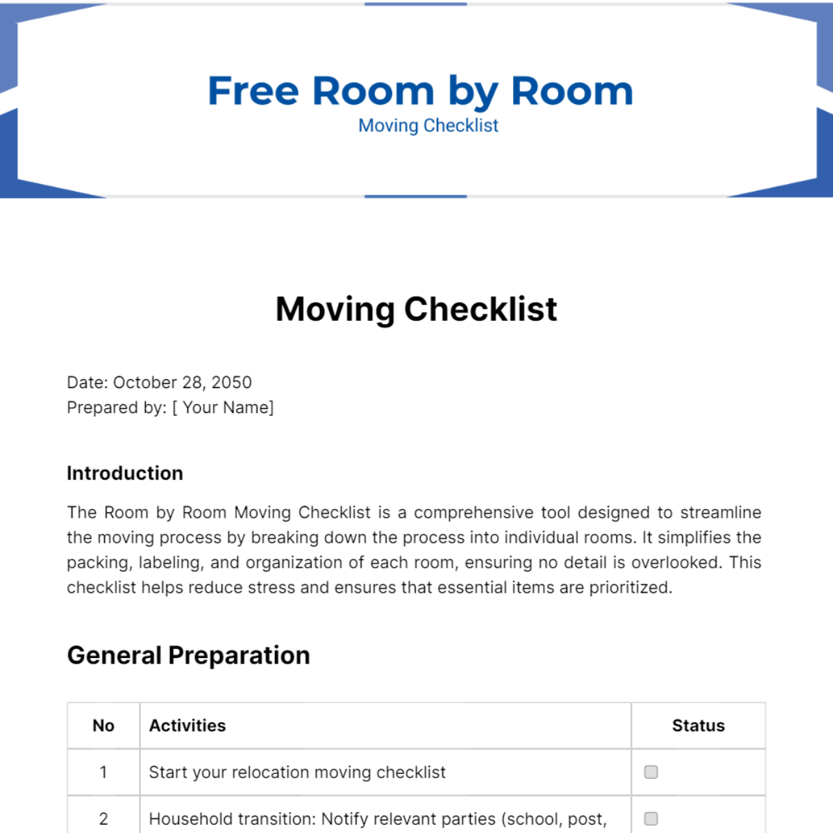 Free Room by Room Moving Checklist Template