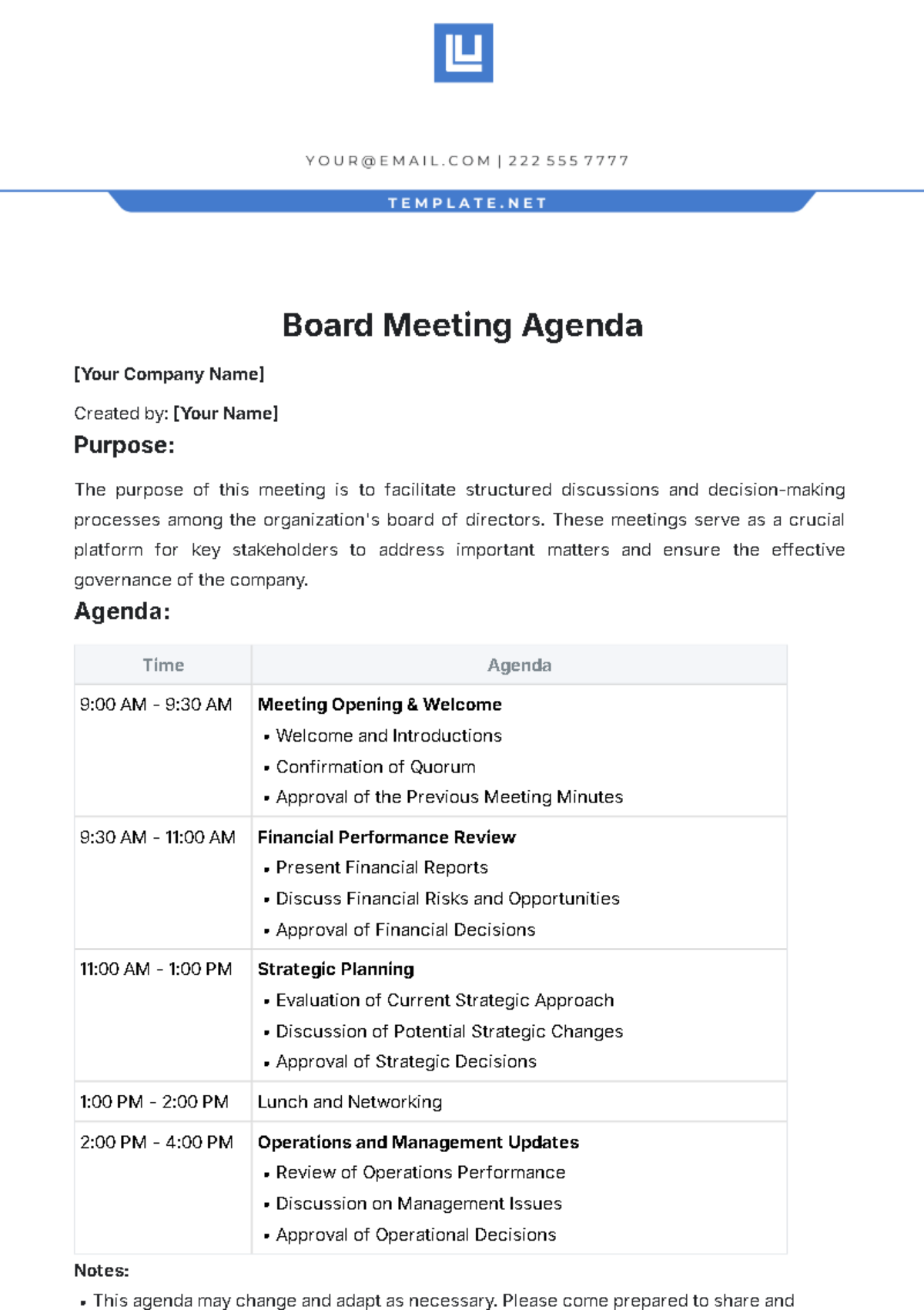 Board Meeting Agenda Template - Edit Online & Download