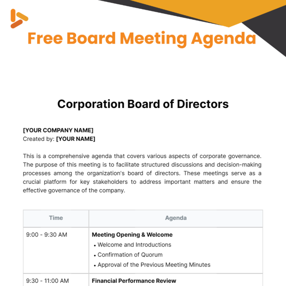 Board Meeting Agenda  Template