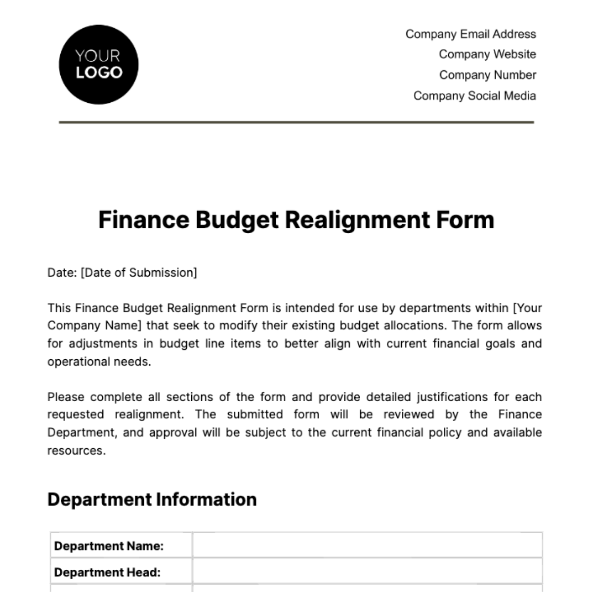 Finance Budget Realignment Form Template