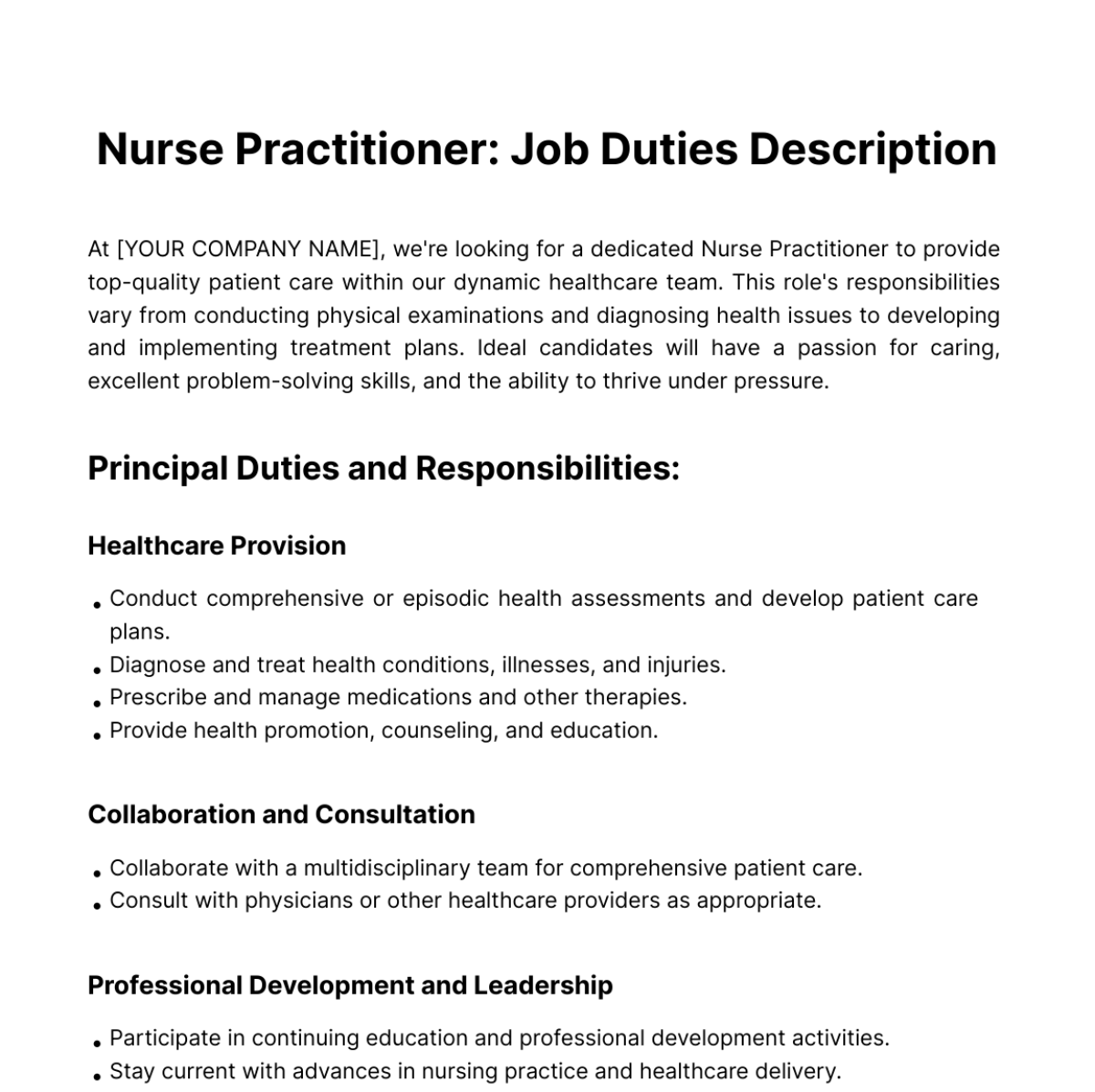Nurse Practitioner Job Duties Template
