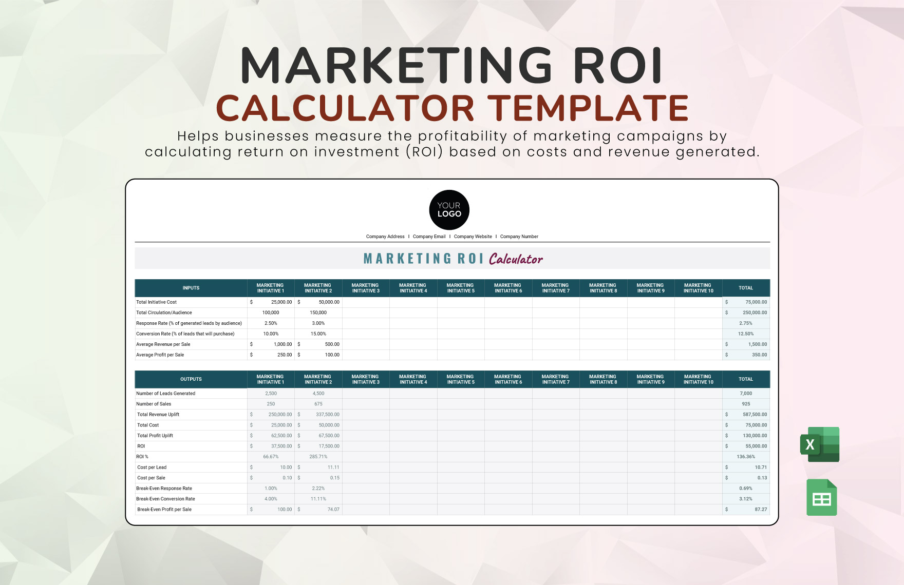 Marketing ROI Calculator Template in Excel, Google Sheets