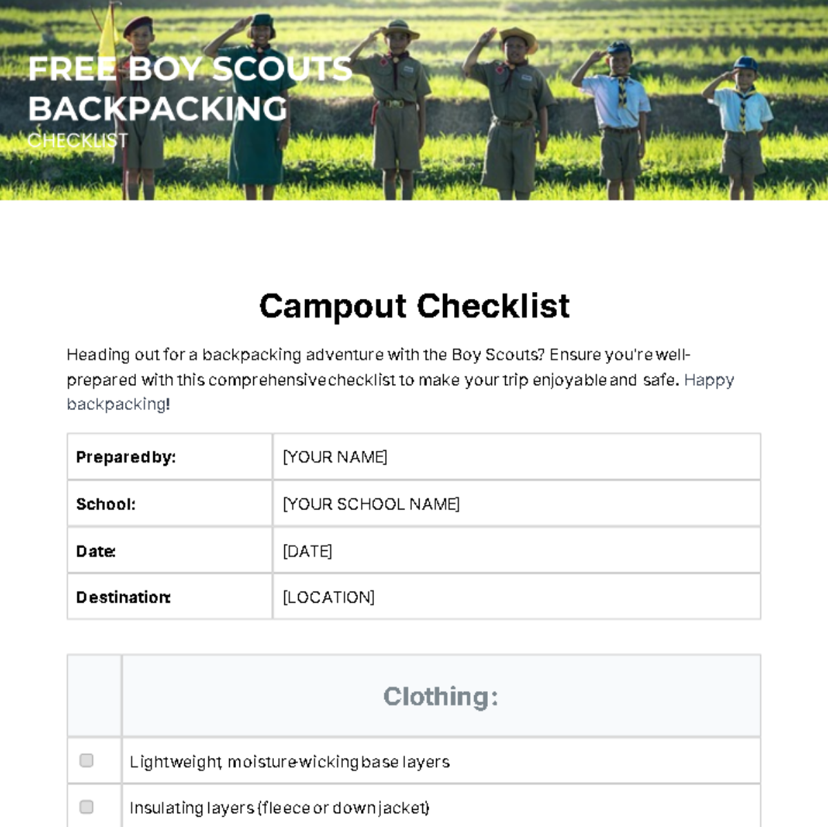 Boy Scouts Backpacking Checklist Template