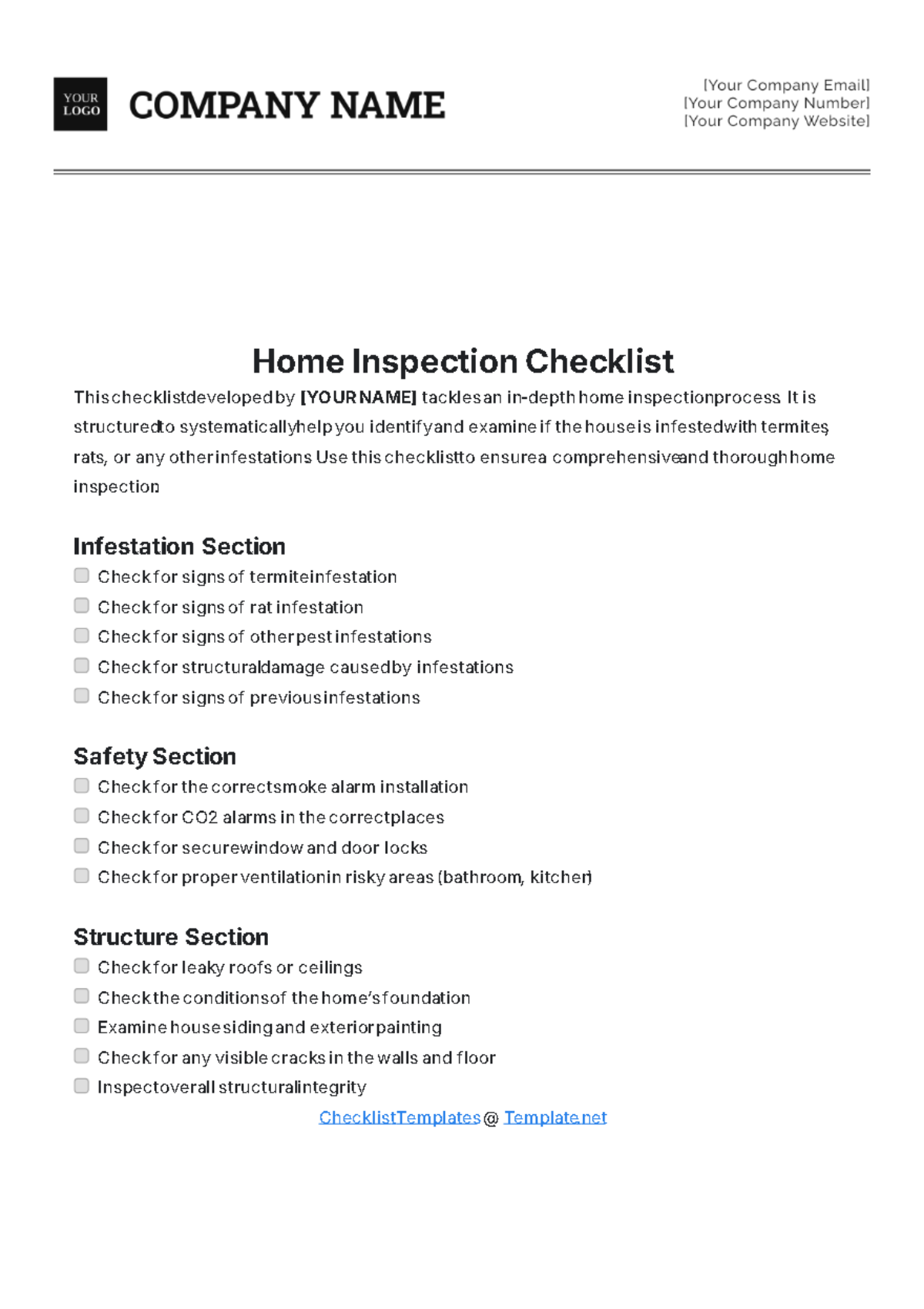 Aesthetic Home Inspection Checklist Template - Edit Online & Download