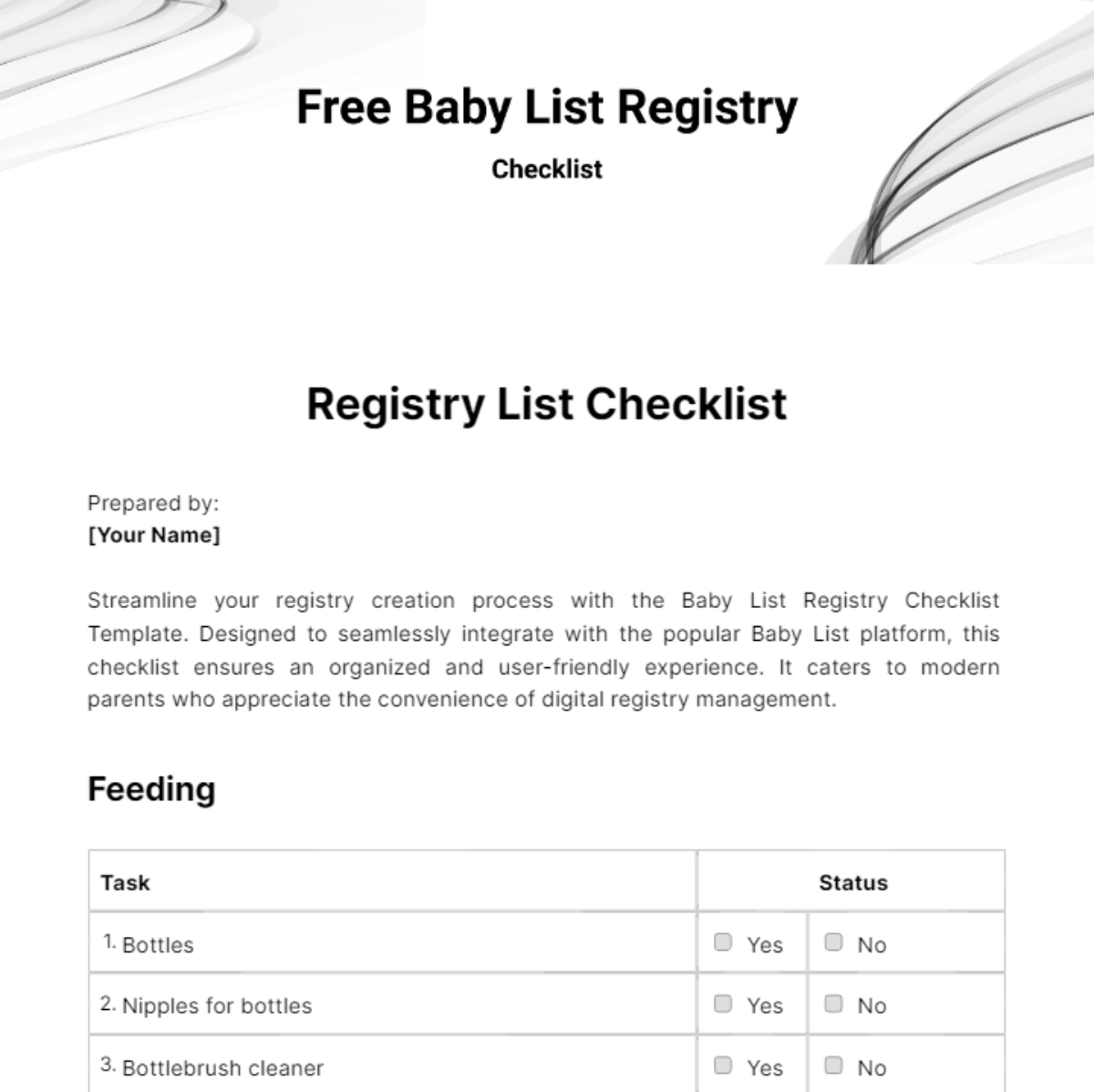 Baby List Registry Checklist Template