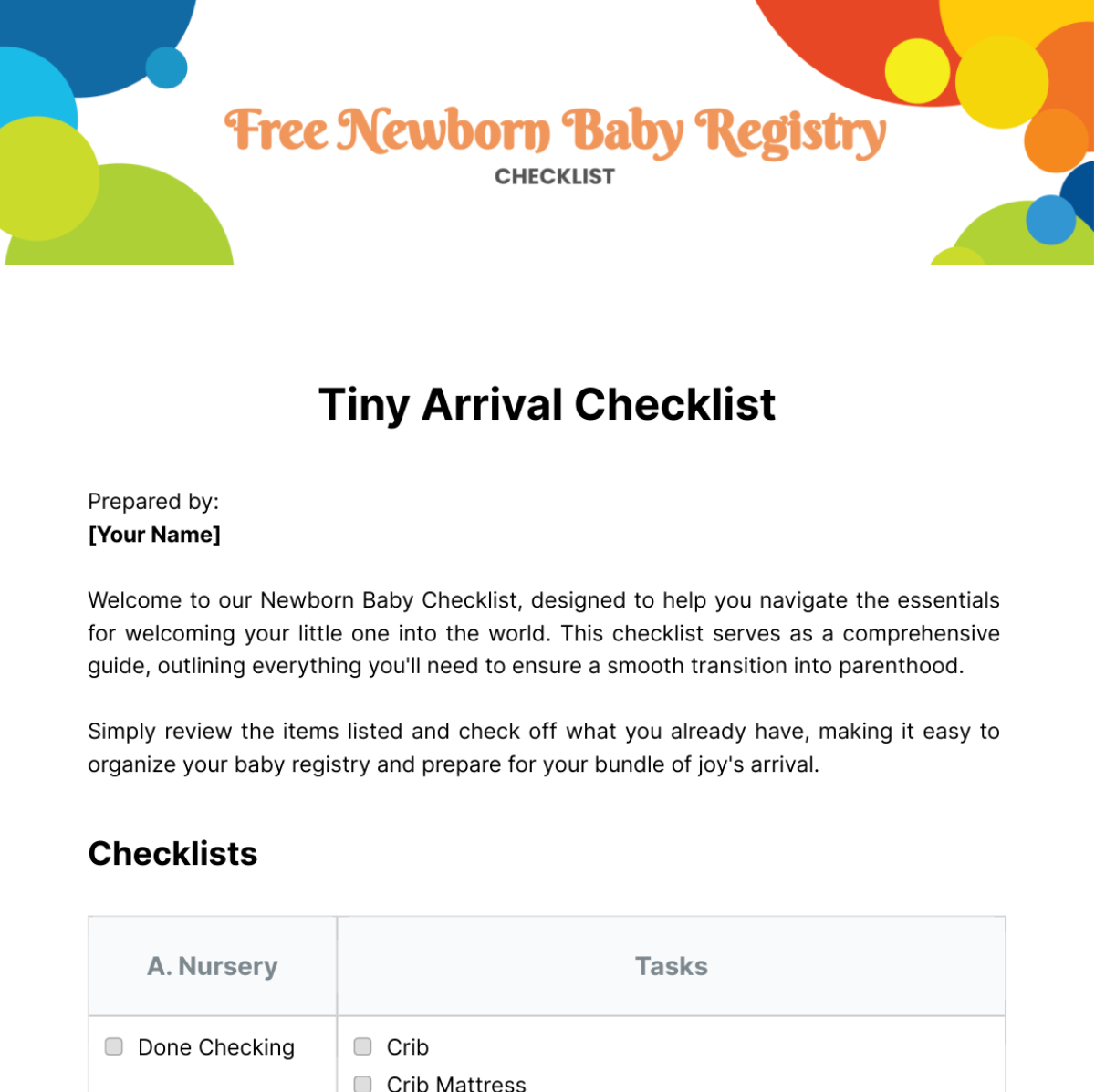 Newborn Baby Registry Checklist Template