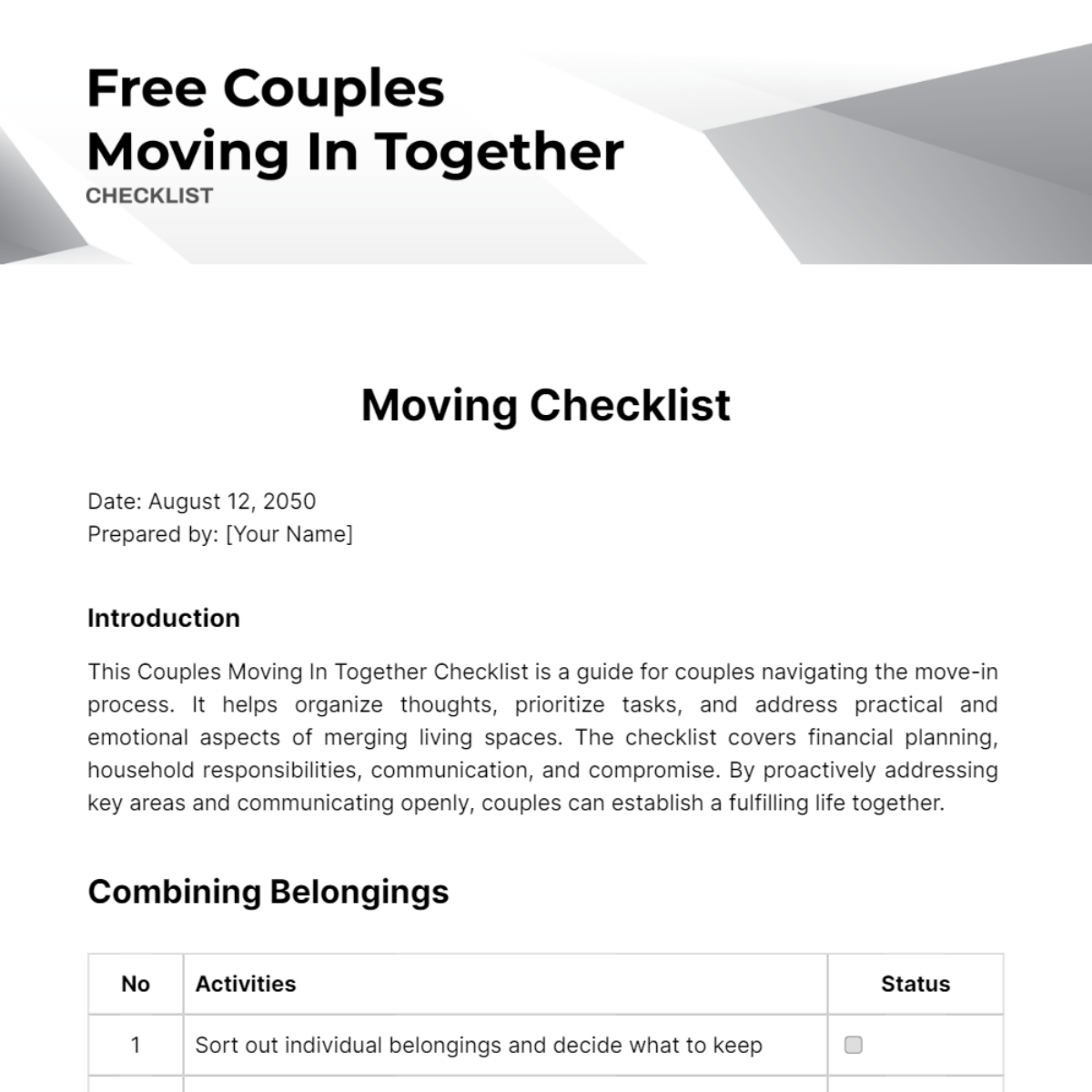 Free Couples Moving In Together Checklist Template