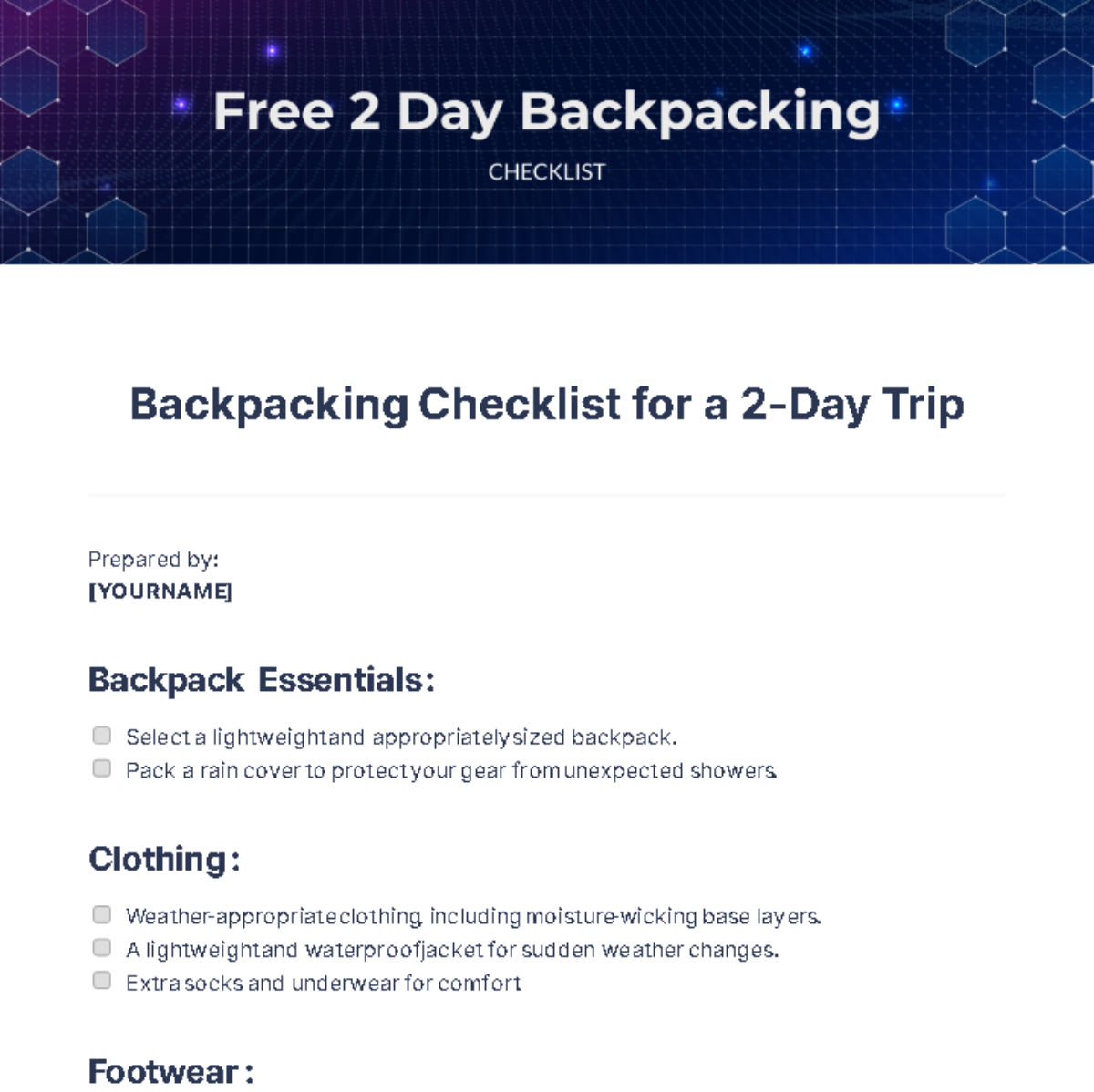 2 Day Backpacking Checklist Template