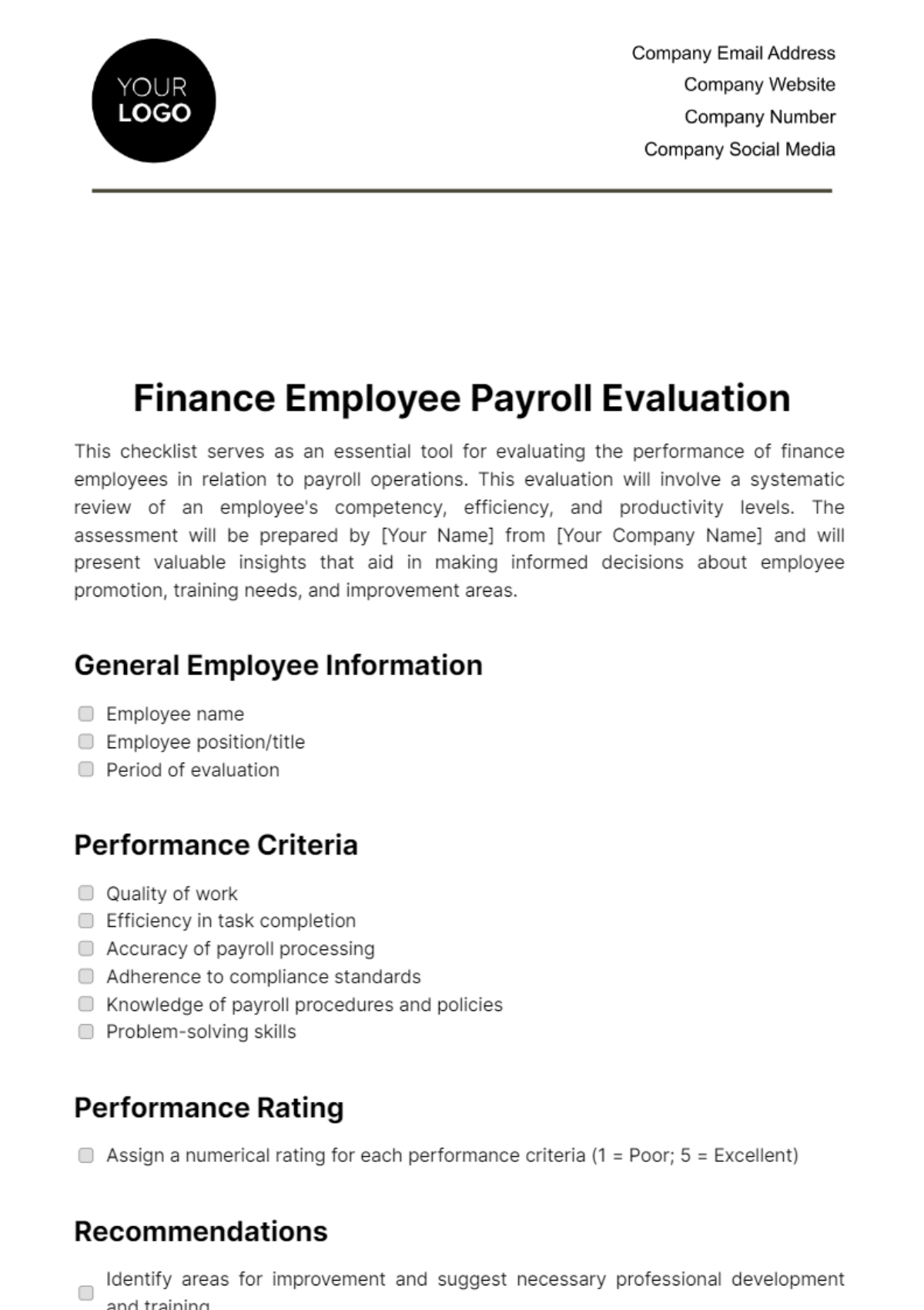 Finance Employee Payroll Evaluation Template