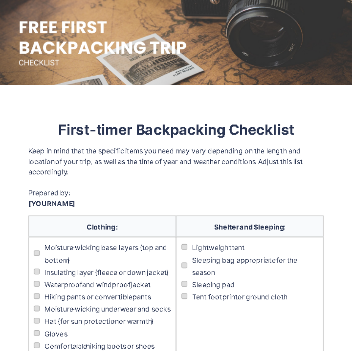 Free First Backpacking Trip Checklist Template