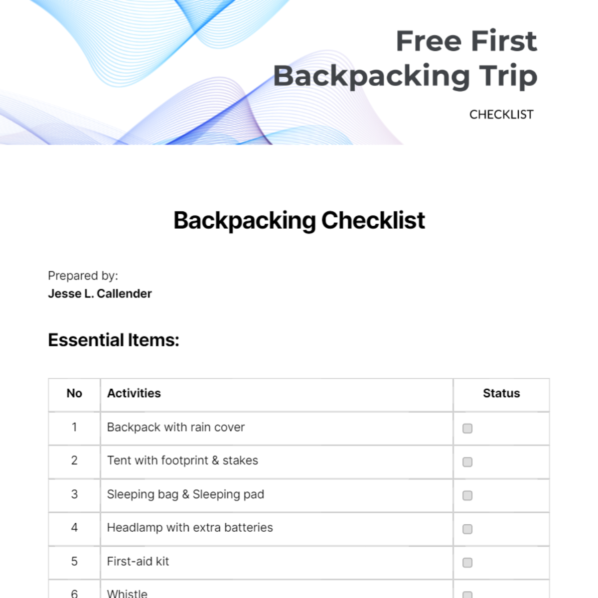 First Backpacking Trip Checklist - Edit Online & Download Example