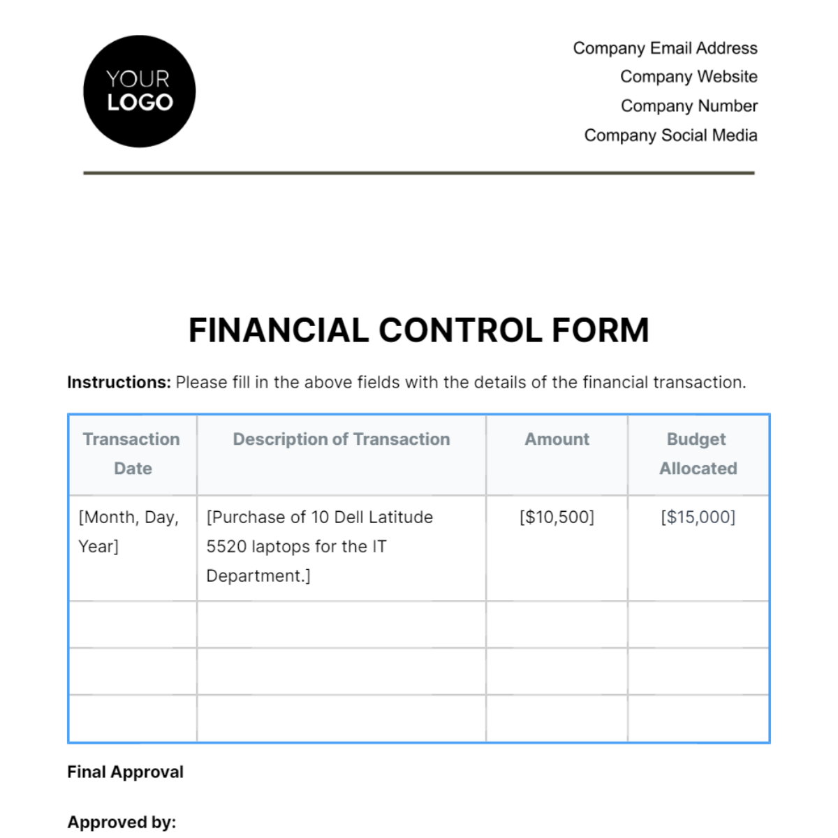 Financial Control Form Template