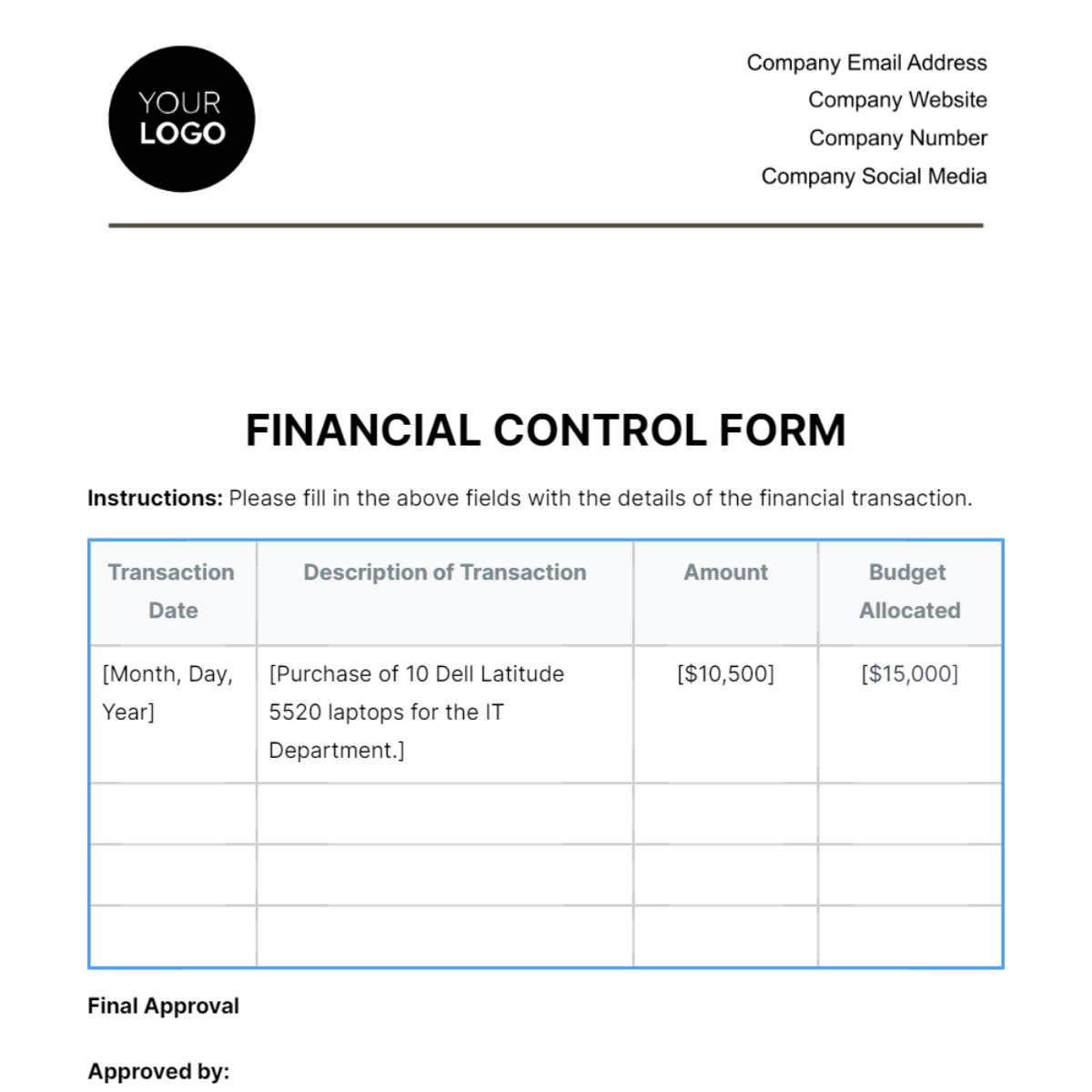 Financial Control Form Template - Edit Online & Download