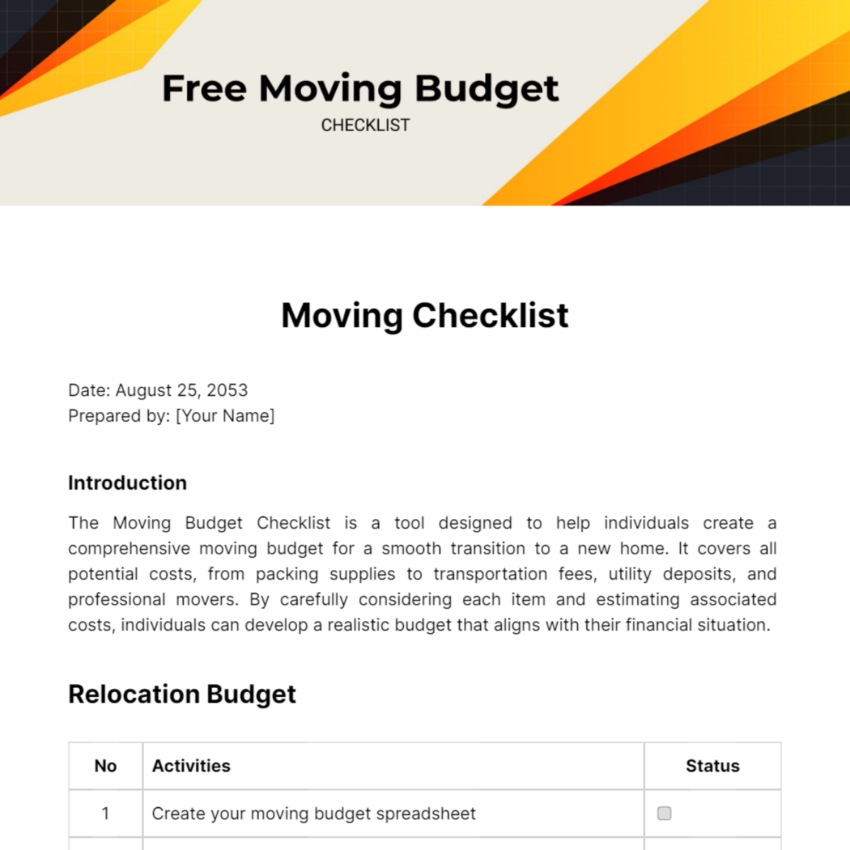 Moving Budget Checklist Template