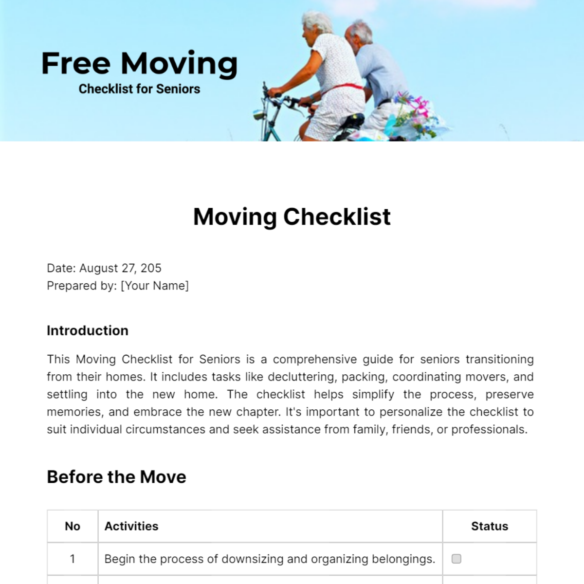 Moving Checklist for Seniors Template